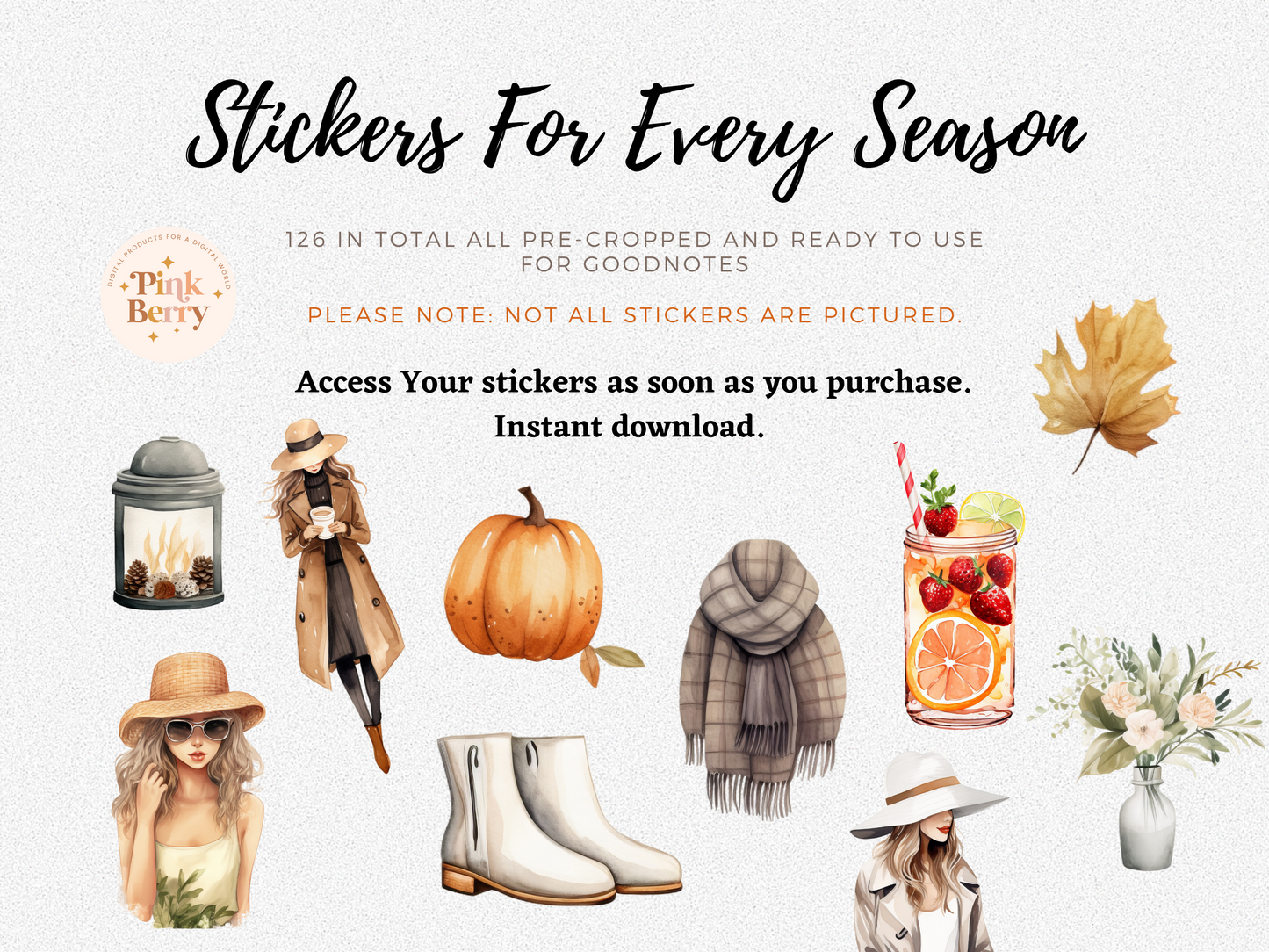 Digital Stickers For GoodNotes- Seasonal Pack Digital Stickers- All 4 Seasons | 126 Pre-Cropped Digital Planner Stickers