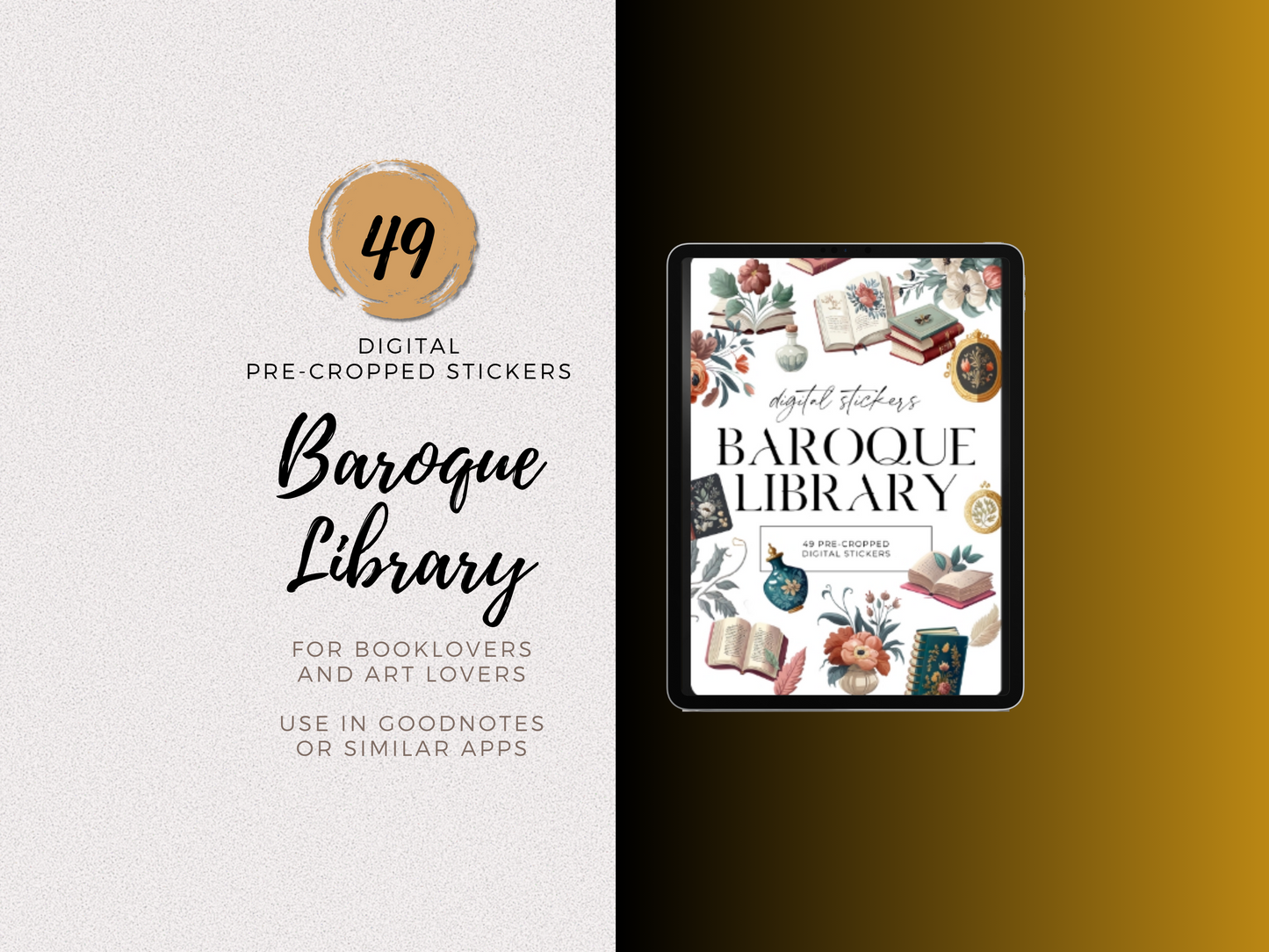 Digital Sticker Set- Baroque Library/ Book Worm Digital Pre-Cropped Digital Planner Stickers For Goodnotes- 110 Digital Stickers