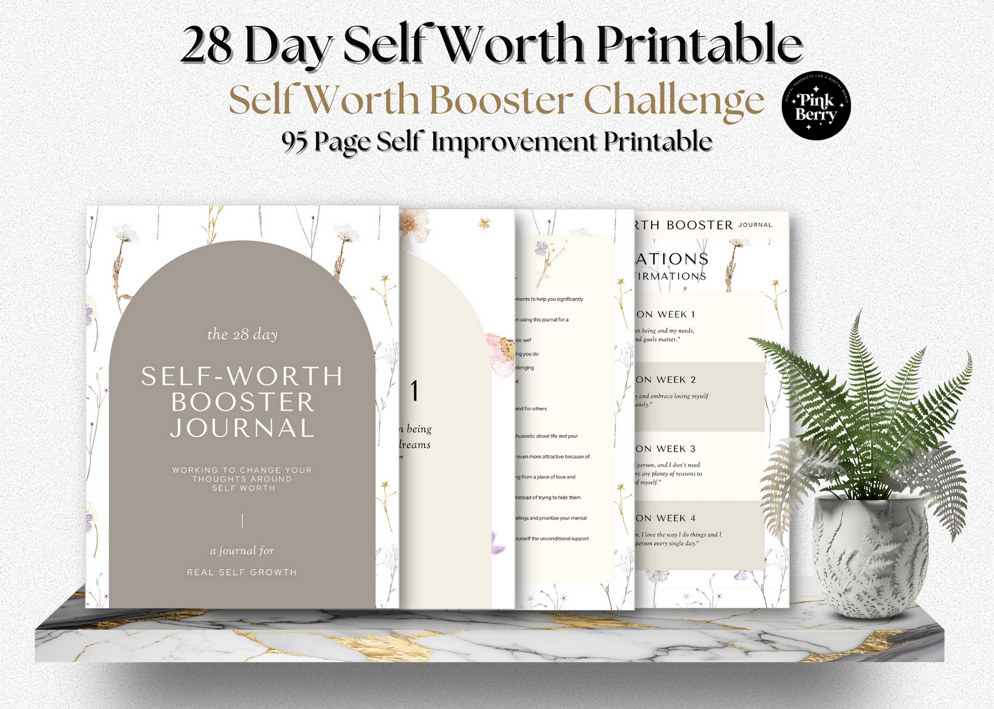 Self Development Printable- 28 Day Self Worth Printable Workbook- Self Love Journal-Flowers Print