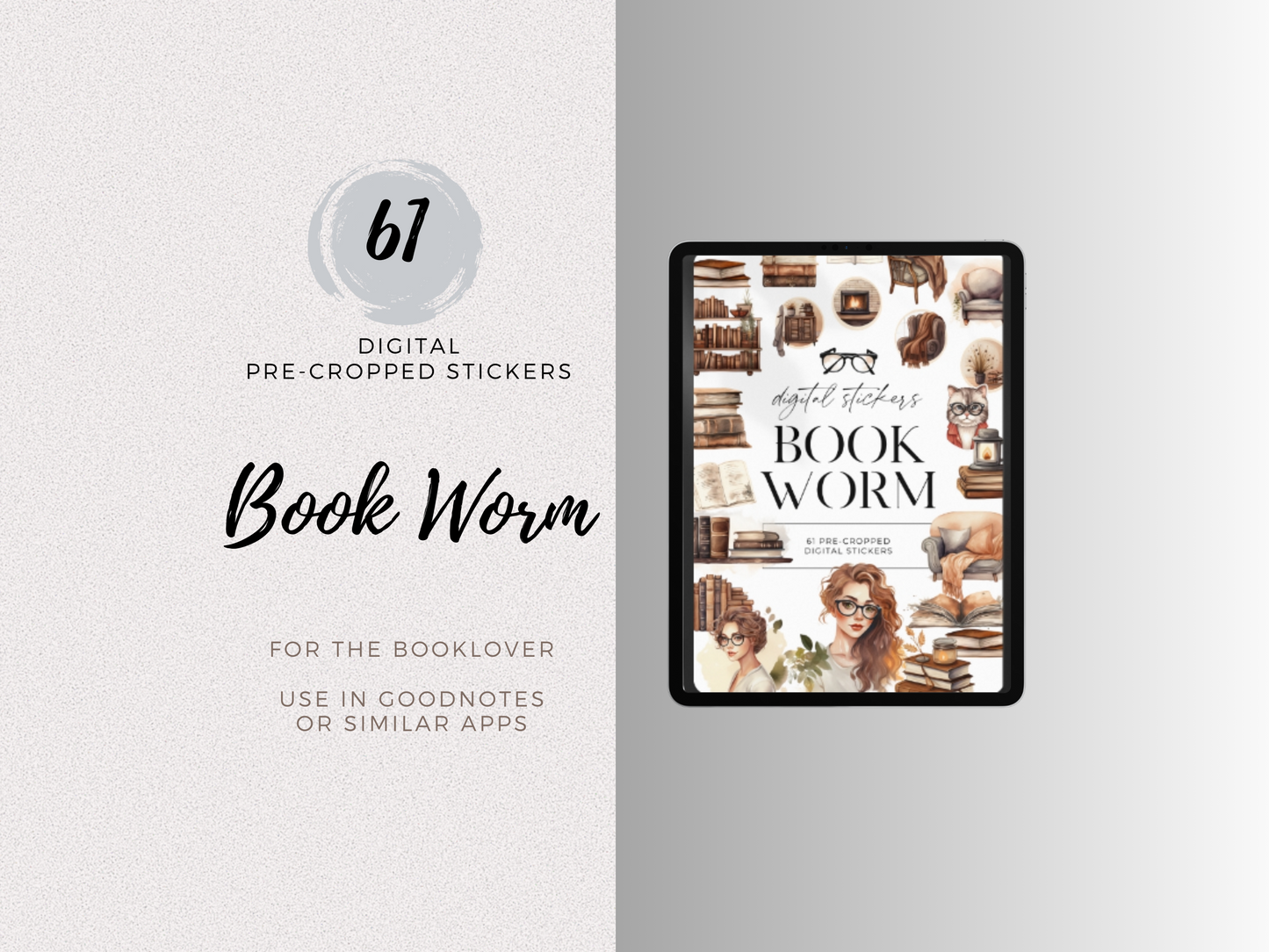 Book Worm Digital Pre-Cropped Digital Planner Stickers For Goodnotes