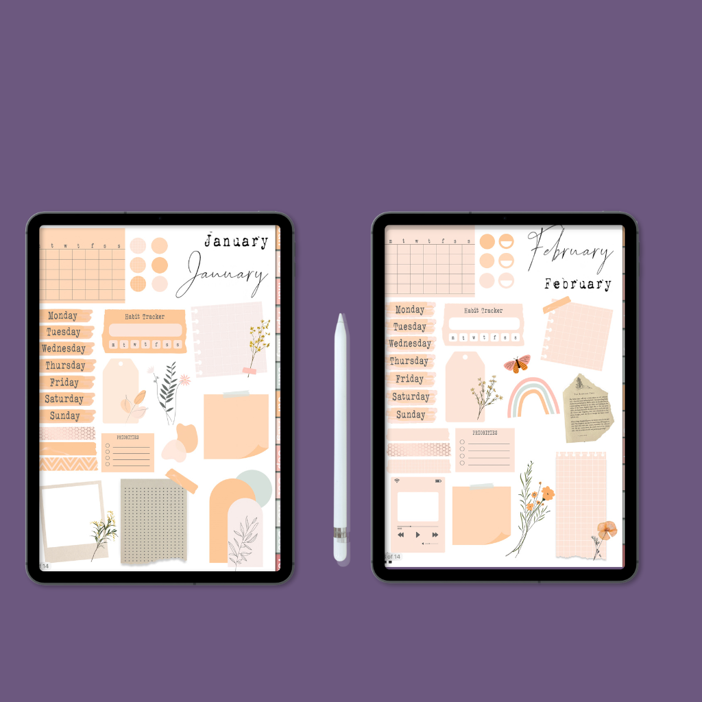 Undated Digital Life Planner And Sticker Book | Complete Planner | Flowers Border