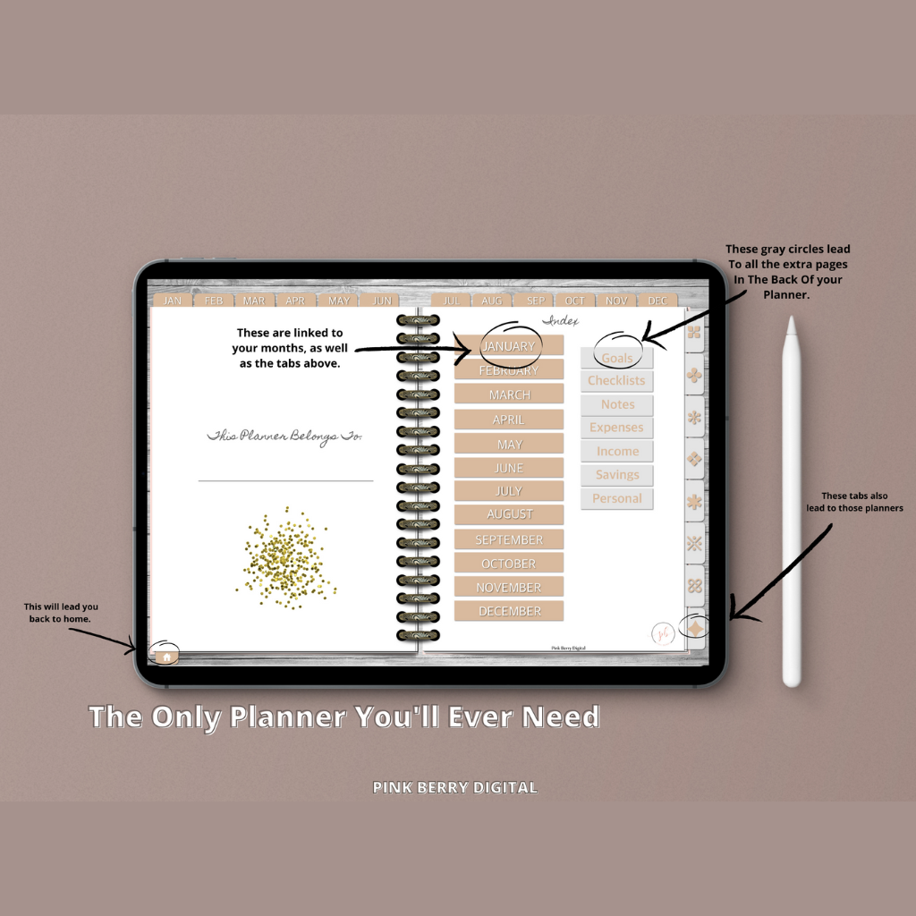 Undated Digital Life Planner And Sticker Book | Complete Planner | Pink And Gold